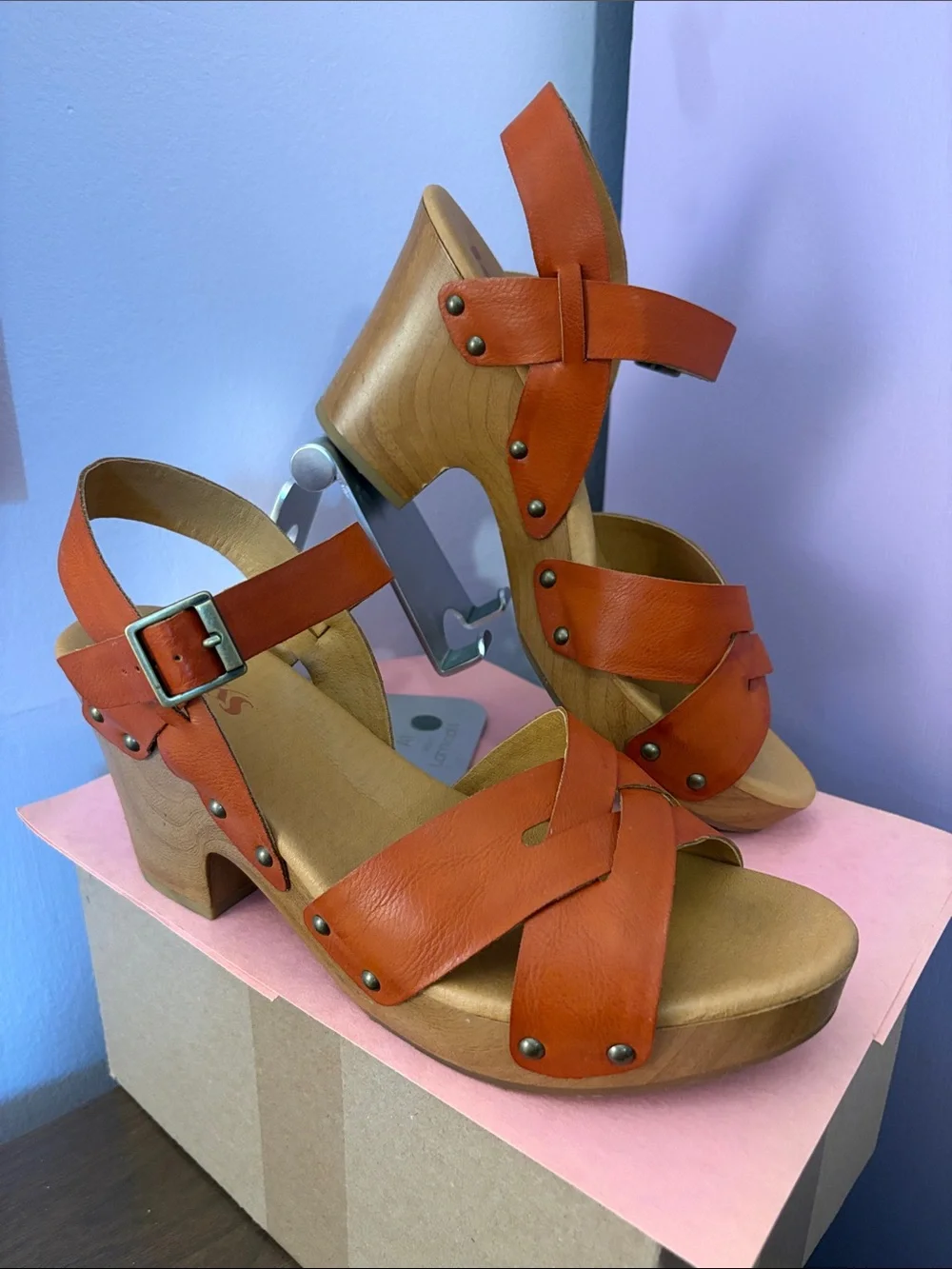 Kork-Ease Orange Leather Cross-Strap Studded Platform Sandals